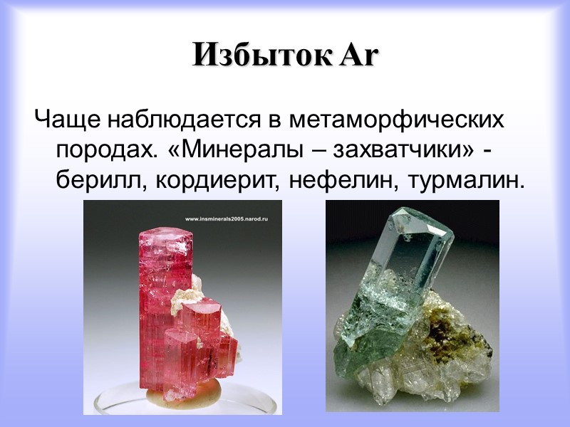 Избыток Ar Чаще наблюдается в метаморфических породах. «Минералы – захватчики» - берилл, кордиерит, нефелин,